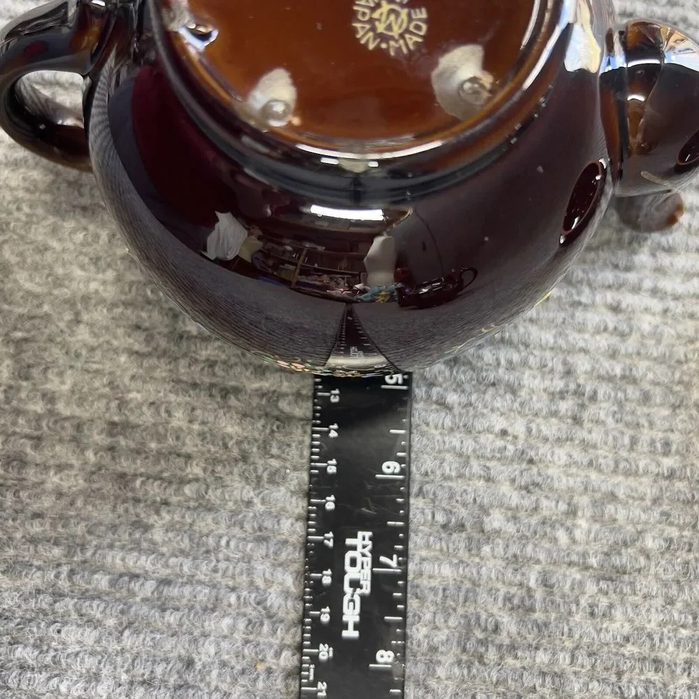 Redware Teapots Dark Brown HandPainted  Moriage Enamel Floral Japan Set Of 2 VTG